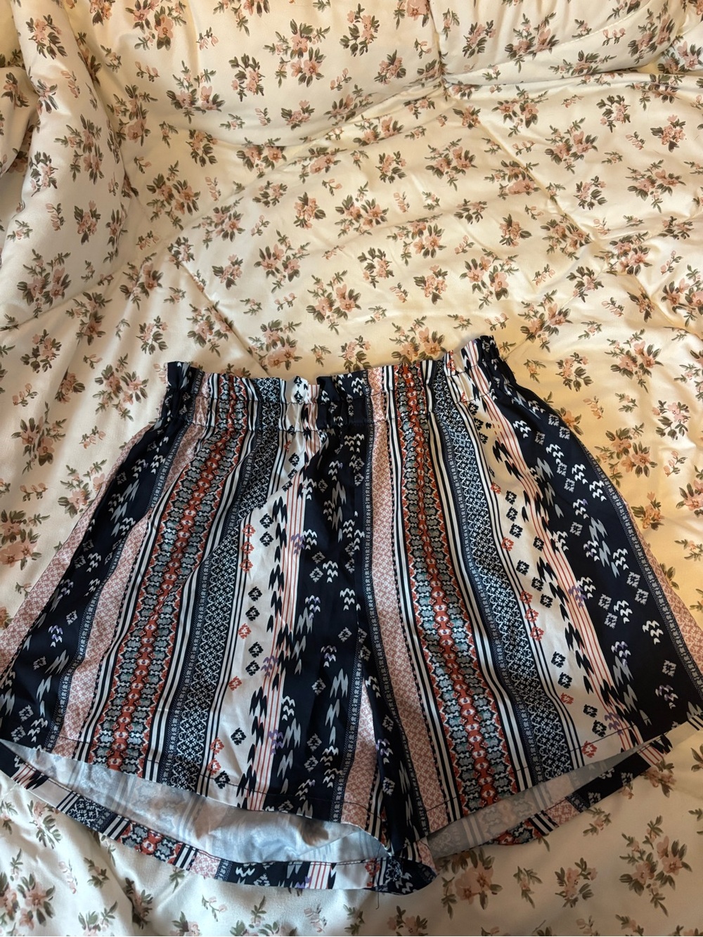 SHEIN Navy and Rust Striped Elastic-Waist Women's Shorts